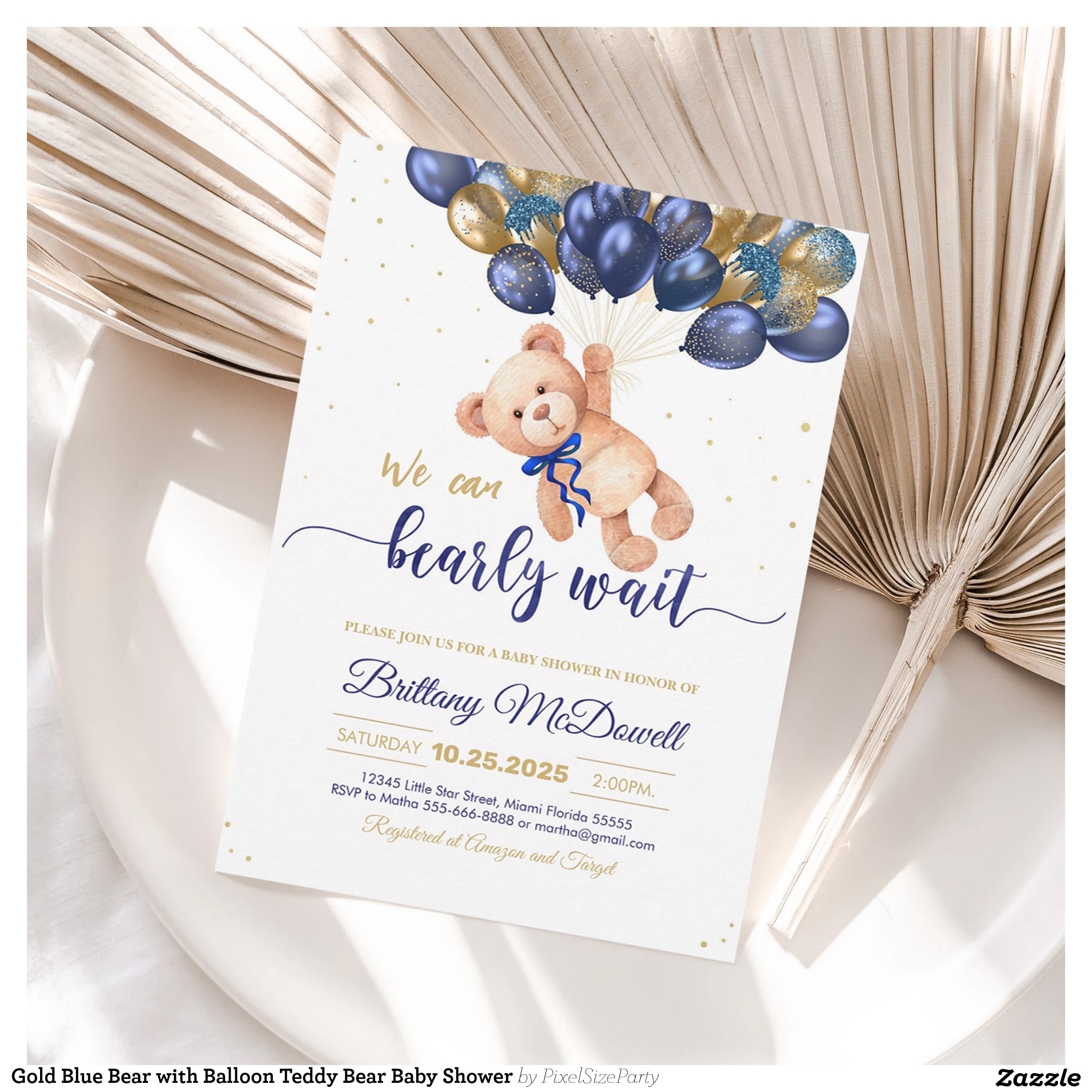 Gold Blue Bear with Balloon Teddy Bear Baby Shower Invitation