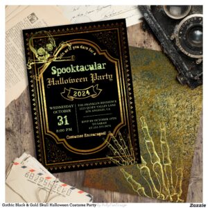 Gothic Black & Gold Skull Halloween Costume Party Invitation