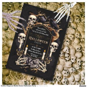 Gothic Elegance Skulls Raven Halloween Party Invitation
