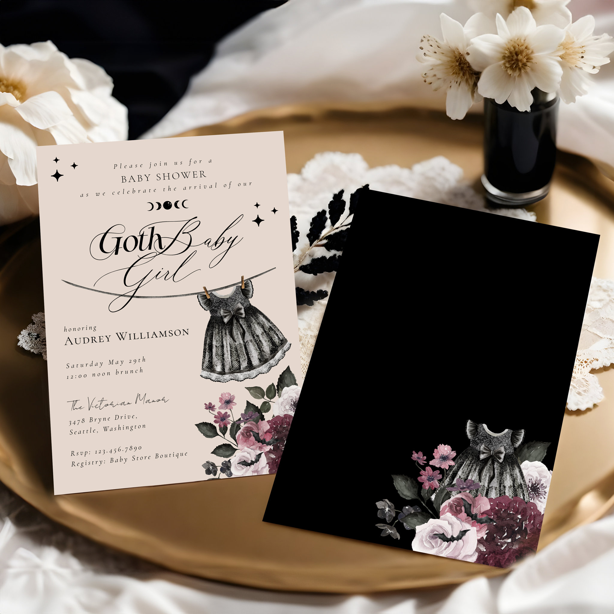 Gothic Halloween Black Dress Goth Girl Baby Shower Invitation