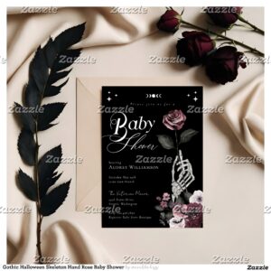 Gothic Halloween Skeleton Hand Rose Baby Shower Invitation