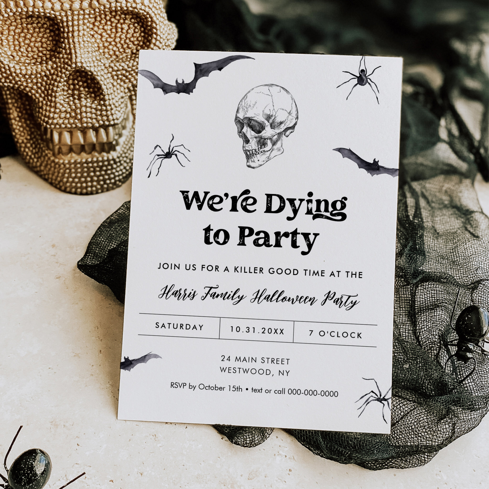 Gothic Skull We're Dying to Party Halloween Party Invitation