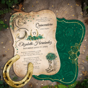Green and Gold Quincea?era Rustic Horse Birthday Invitation