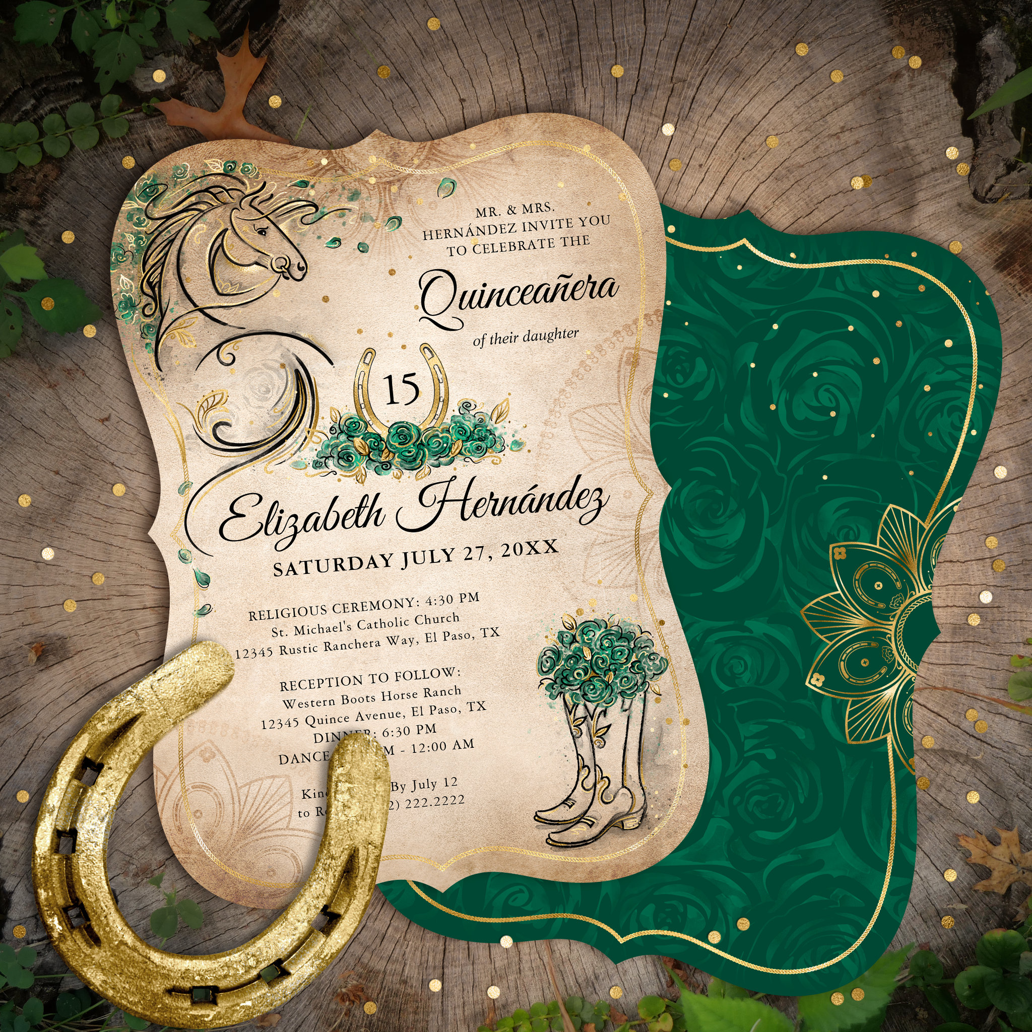 Green and Gold Quincea?era Rustic Horse Birthday Invitation