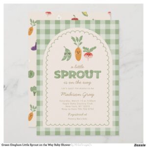 Green Gingham Little Sprout on the Way Baby Shower Invitation
