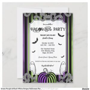 Green Purple & Black White Stripes Halloween Party Invitation