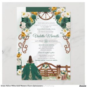 Green Yellow White Gold Western Charro Quinceanera Invitation