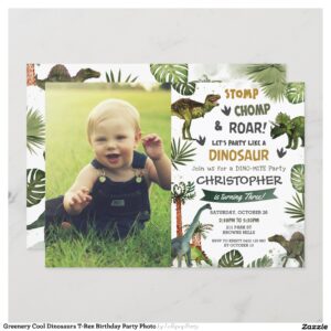Greenery Cool Dinosaurs T-Rex Birthday Party Photo Invitation