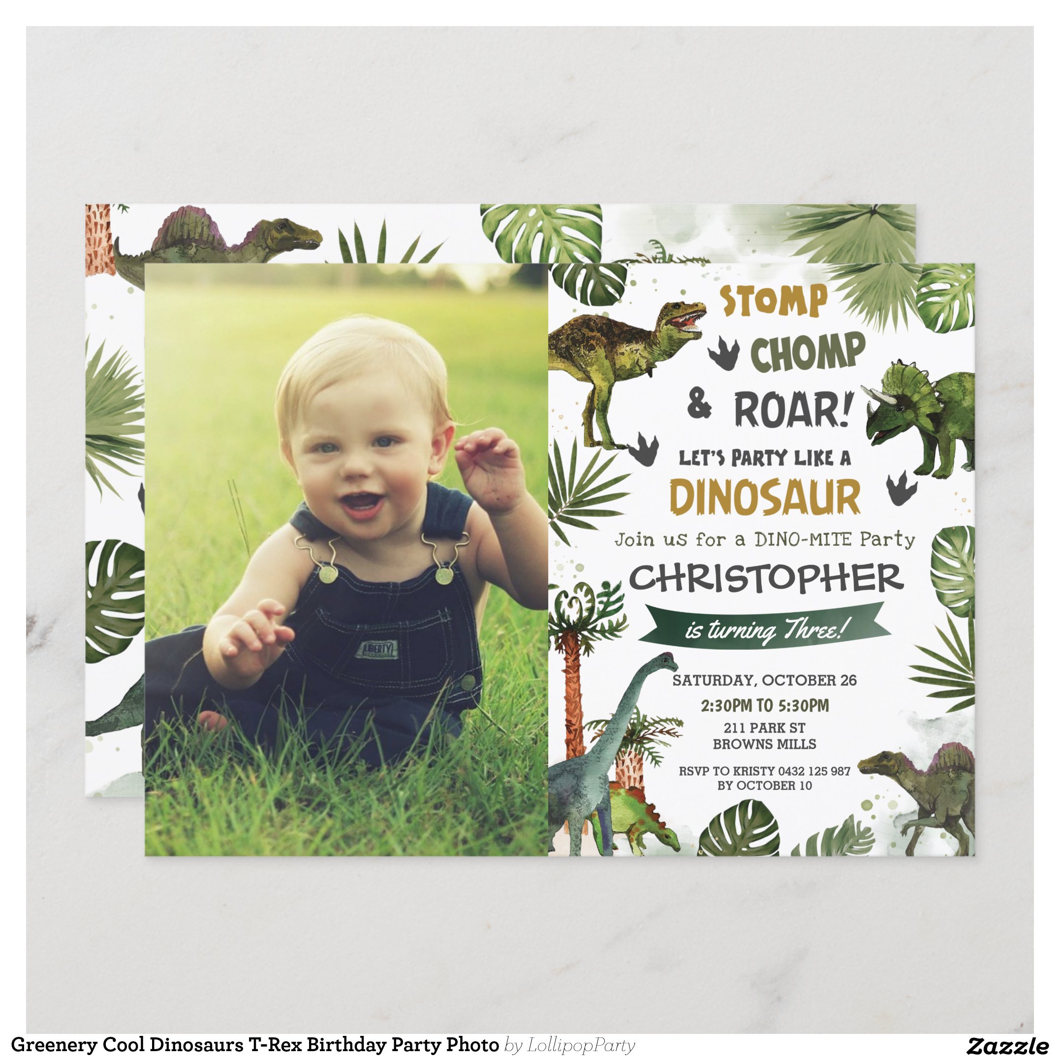 Greenery Cool Dinosaurs T-Rex Birthday Party Photo Invitation