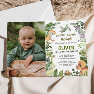 Greenery Dinosaur Jurassic Birthday Party Photo In Invitation