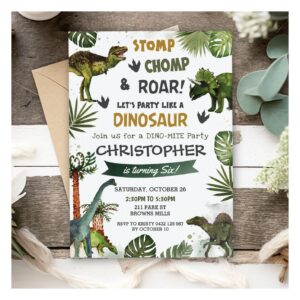 Greenery Dinosaurs Birthday Party Stomp Chomp Roar Invitation