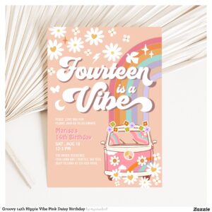 Groovy 14th Hippie Vibe Pink Daisy Birthday Invitation