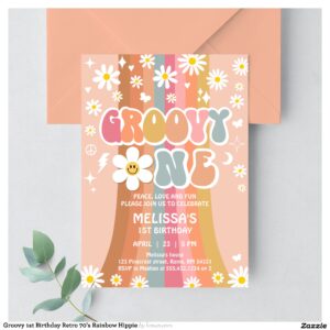 Groovy 1st Birthday Retro 70's Rainbow Hippie Invitation