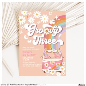 Groovy 3rd Pink Daisy Rainbow Hippie Birthday Invitation