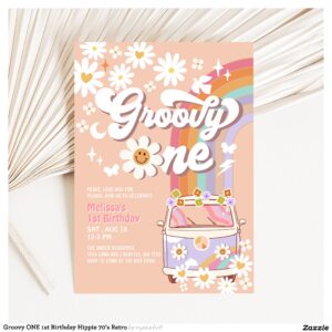 Groovy ONE 1st Birthday Hippie 70's Retro Invitation