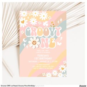 Groovy ONE 1st Pastel Groovy First Birthday Invitation