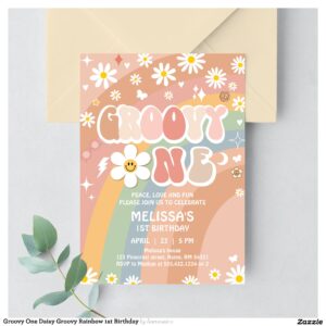 Groovy One Daisy Groovy Rainbow 1st Birthday Invitation