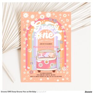 Groovy ONE Daisy Groovy Van 1st Birthday Invitation