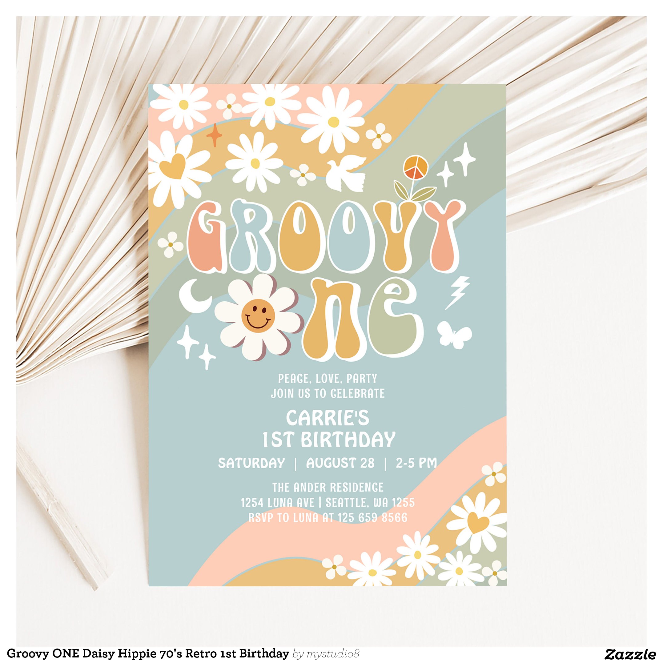 Groovy ONE Daisy Hippie 70's Retro 1st Birthday Invitation