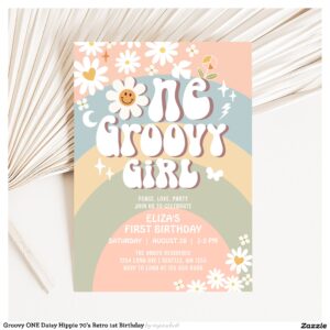 Groovy ONE Daisy Hippie 70's Retro 1st Birthday Invitation