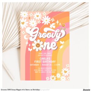 Groovy ONE Daisy Hippie 70's Retro 1st Birthday Invitation