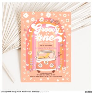 Groovy ONE Daisy Peach Rainbow 1st Birthday Invitation