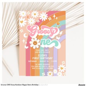 Groovy ONE Daisy Rainbow Hippie Retro Birthday Invitation