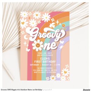 Groovy ONE Hippie 70's Rainbow Retro 1st Birthday Invitation