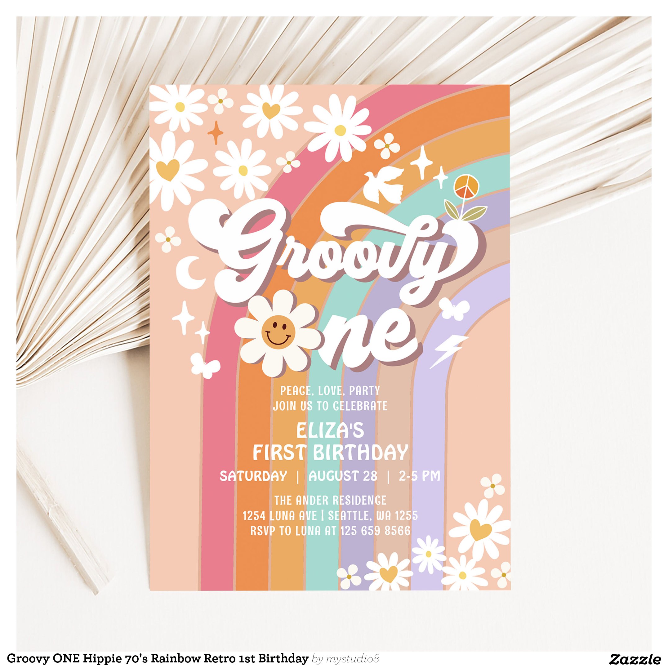 Groovy ONE Hippie 70's Rainbow Retro 1st Birthday Invitation