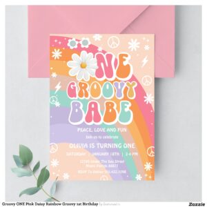 Groovy ONE Pink Daisy Rainbow Groovy 1st Birthday Invitation