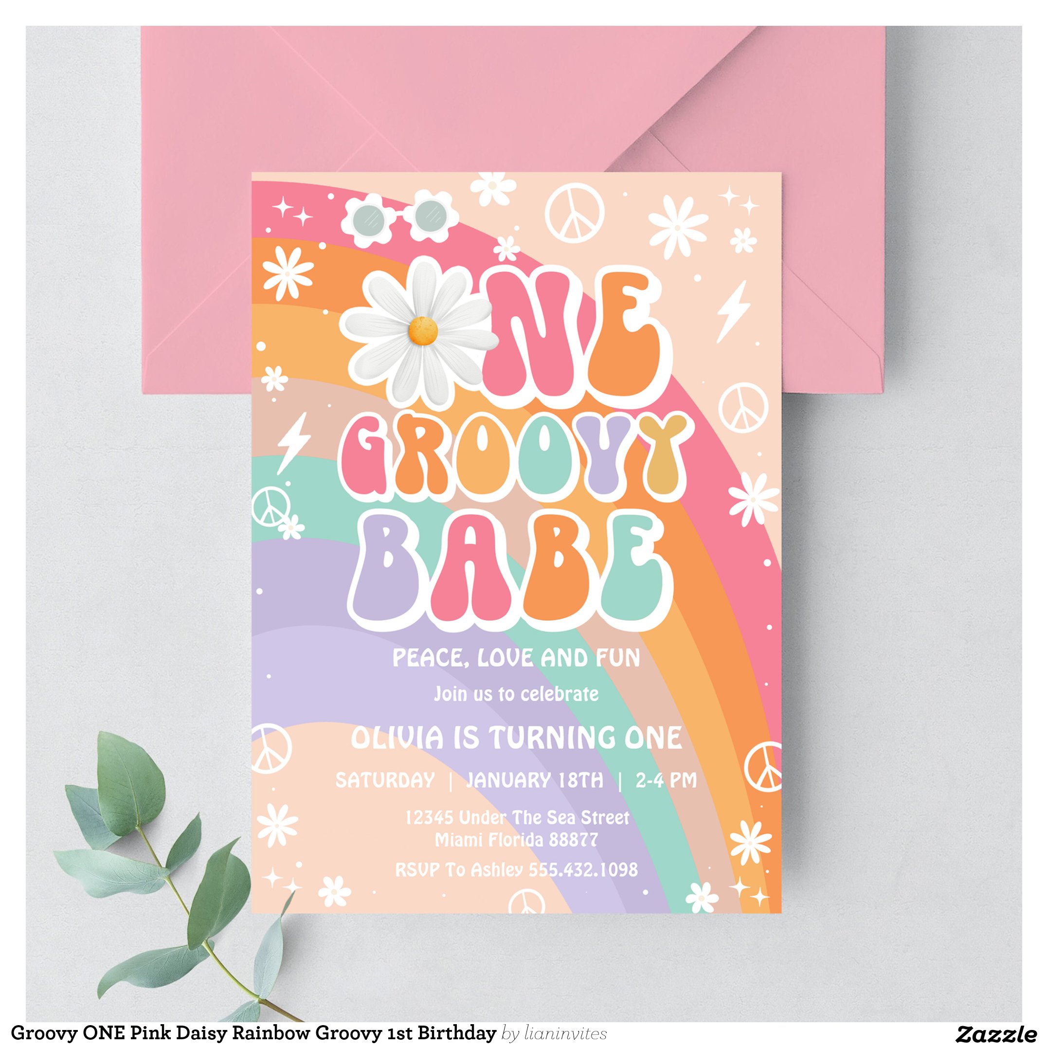 Groovy ONE Pink Daisy Rainbow Groovy 1st Birthday Invitation
