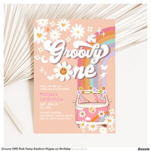Groovy ONE Pink Daisy Rainbow Hippie 1st Birthday Invitation