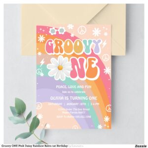 Groovy ONE Pink Daisy Rainbow Retro 1st Birthday Invitation