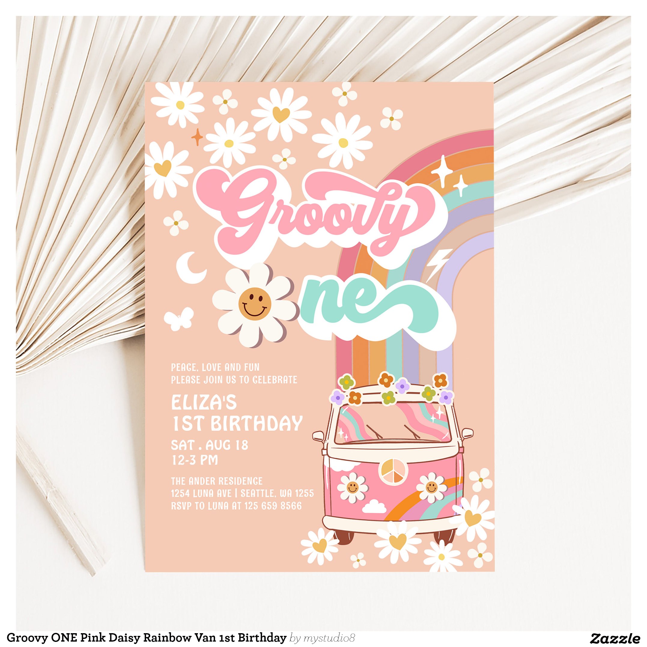 Groovy ONE Pink Daisy Rainbow Van 1st Birthday Invitation