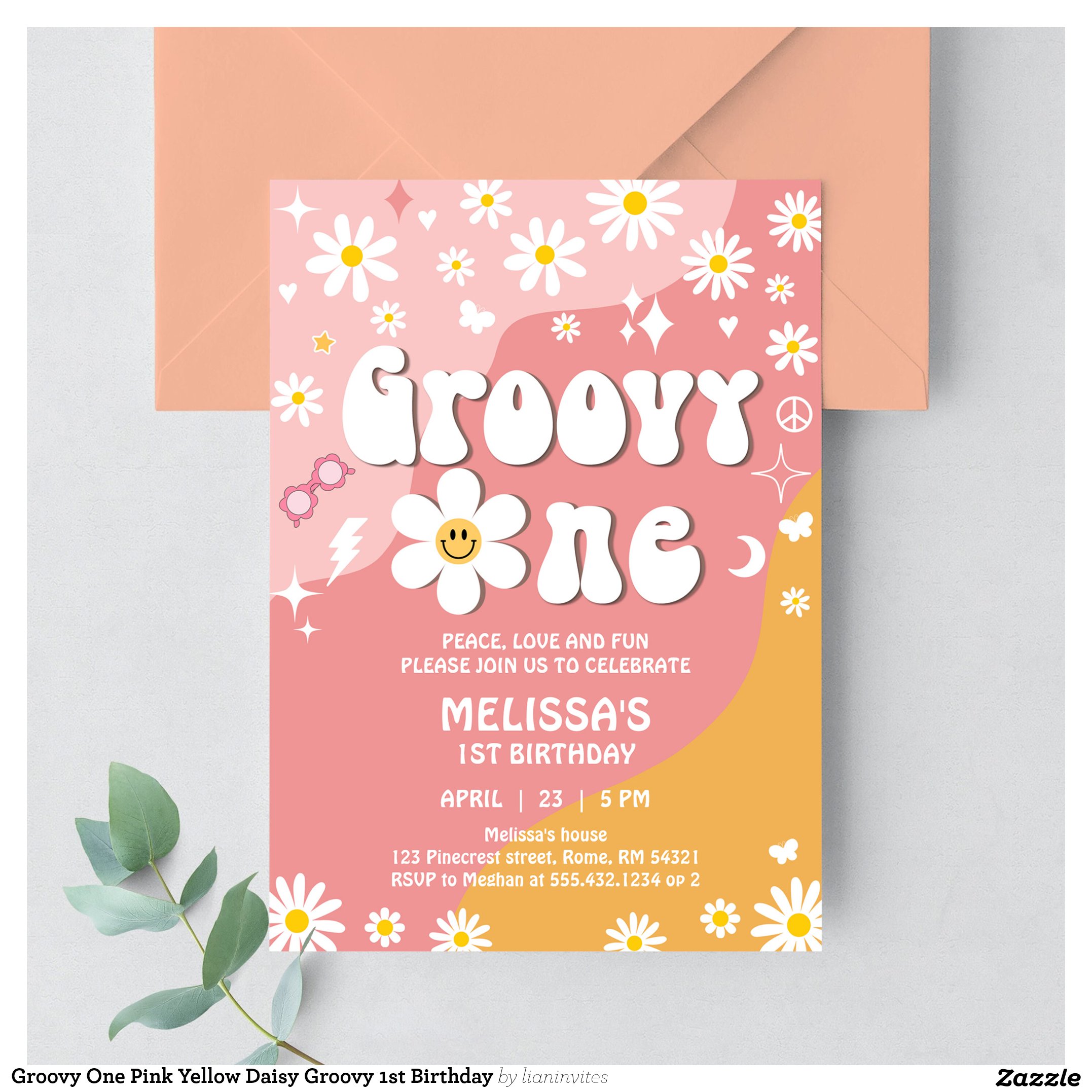 Groovy One Pink Yellow Daisy Groovy 1st Birthday Invitation