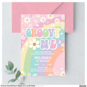 Groovy One Rainbow Hippie 70's 1st Birthday Invitation