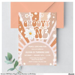 Groovy ONE Retro Hippie Daisy Rainbow 1st Birthday Invitation