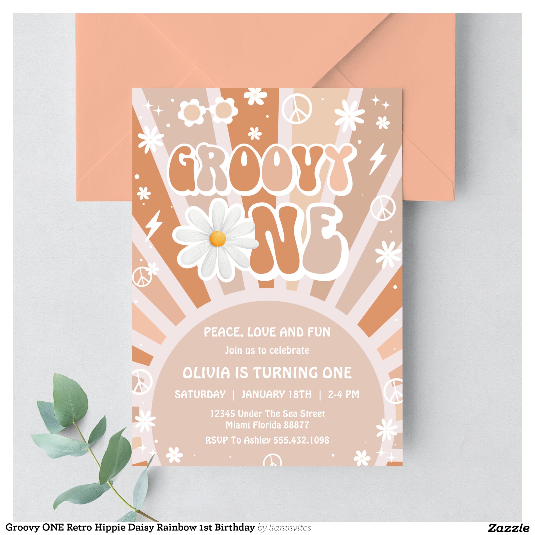 Groovy ONE Retro Hippie Daisy Rainbow 1st Birthday Invitation