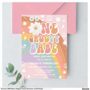 Groovy ONE Retro Hippie Daisy Rainbow 1st Birthday Invitation