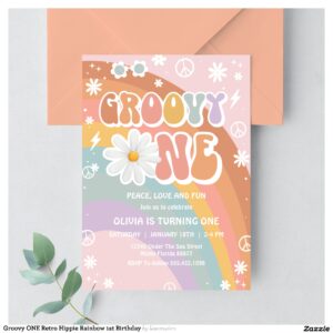 Groovy ONE Retro Hippie Rainbow 1st Birthday Invitation