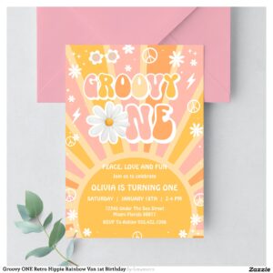 Groovy ONE Retro Hippie Rainbow Van 1st Birthday Invitation