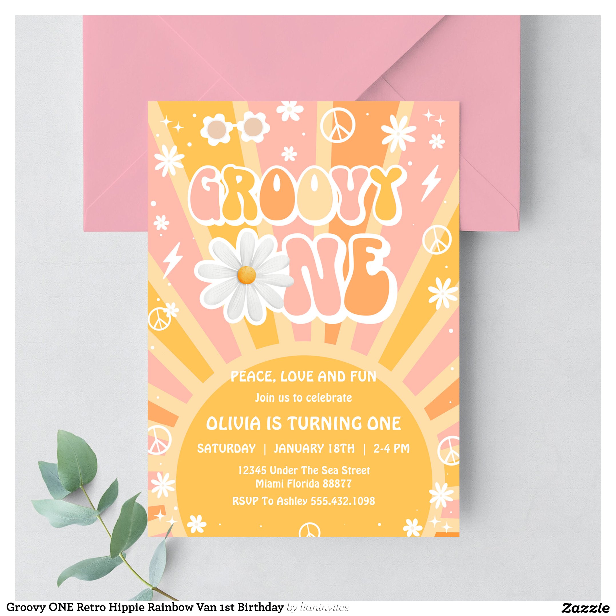 Groovy ONE Retro Hippie Rainbow Van 1st Birthday Invitation