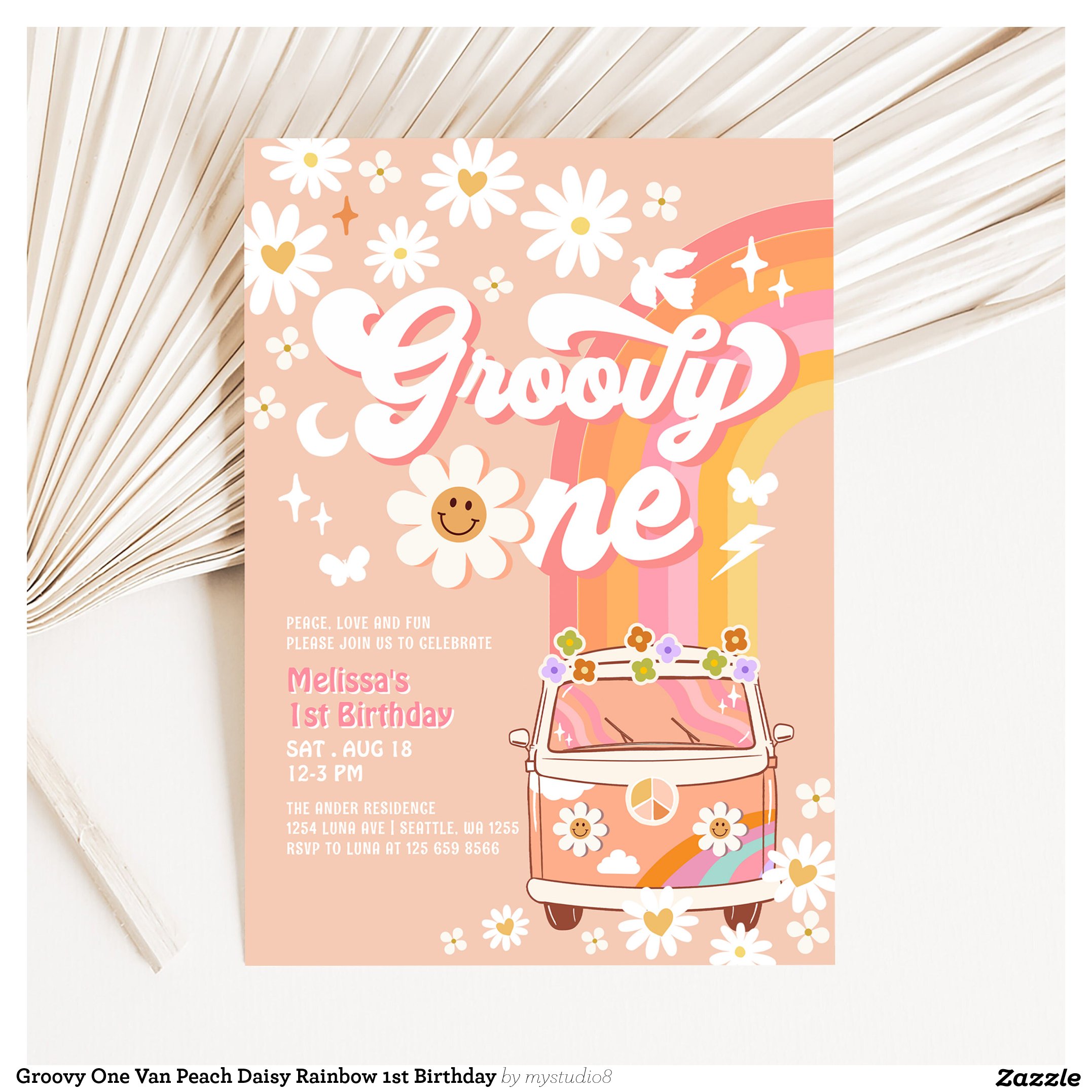 Groovy One Van Peach Daisy Rainbow 1st Birthday Invitation