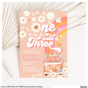 Groovy ONE Wild and THREE Daisy Rainbow Birthday Invitation