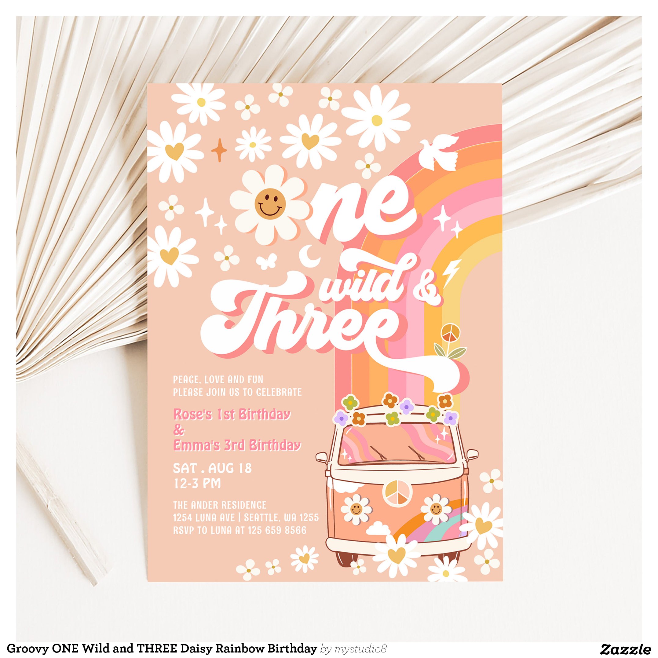 Groovy ONE Wild and THREE Daisy Rainbow Birthday Invitation