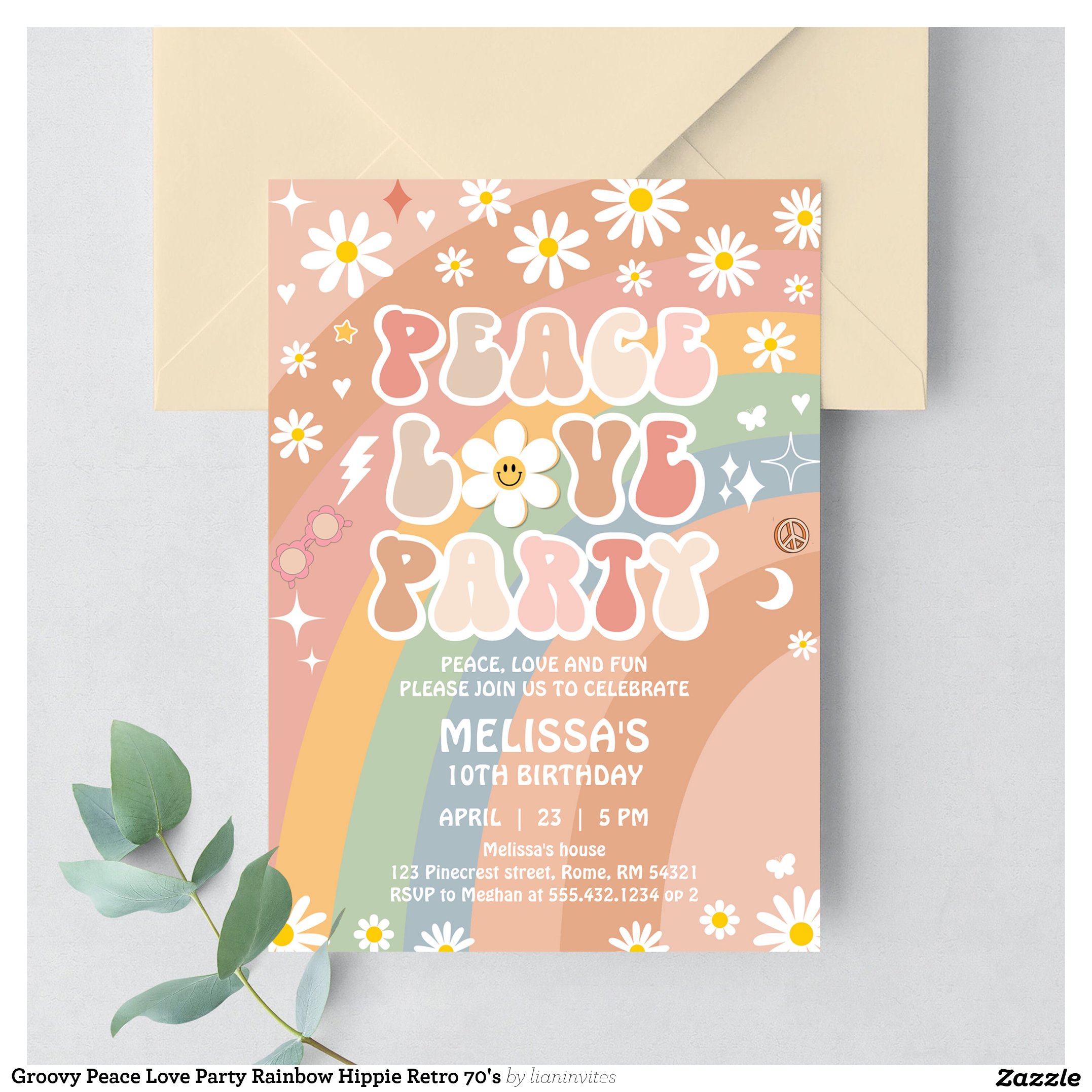 Groovy Peace Love Party Rainbow Hippie Retro 70's Invitation