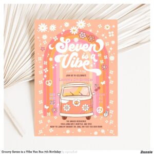 Groovy Seven is a Vibe Van Bus 7th Birthday Invitation