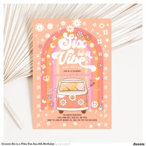 Groovy Six is a Vibe Van Bus 6th Birthday Invitation