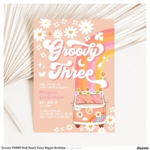 Groovy THREE Pink Peach Daisy Hippie Birthday Invitation