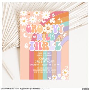 Groovy Wild and Three Hippie Retro 3rd Birthday Invitation